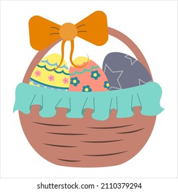 Wicker basket made of light vines with Easter colored eggs and decor, vector highlighted on a white background