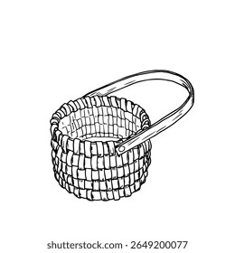 A wicker basket made of vines with a handle, a black and white sketch. Vector illustration. Classic basket for mushrooms, harvesting, isolated on a white background. For books, postcards, textiles