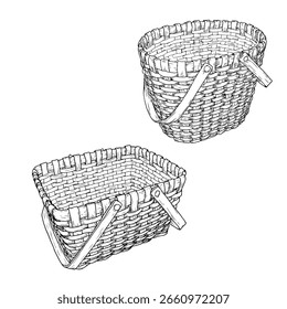 Um cesto de vime feito de videiras com uma alça, um conjunto de silhuetas pretas e brancas. Ilustração vetorial. Faz um esboço de uma cesta para colher cogumelos e a colheita de outono é isolada em um fundo branco. 