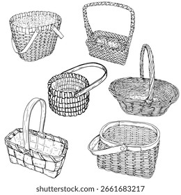 Una cesta de mimbre hecha de vides con un mango, un conjunto de siluetas en blanco y negro. Ilustración vectorial. Esboza una cesta para recoger champiñones y la cosecha de otoño está aislada sobre un fondo blanco. 