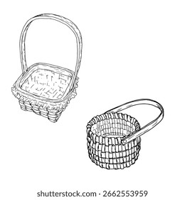 Una cesta de mimbre hecha de vides con un mango, un conjunto de siluetas en blanco y negro. Ilustración vectorial. Esboza una cesta para recoger champiñones y la cosecha de otoño está aislada sobre un fondo blanco. 
