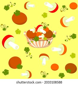 Wicker basket with mushrooms. Scattered colorful mushrooms, leaves, hats. Flat vector illustration. Autumn sunny day, gifts from the forest. Yellow background