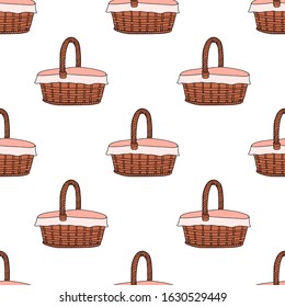 Wicker basket with napkin seamless pattern, hand drawing line.  Brown oval basket for holiday, picnic, Pets.Home item.Vector illustration