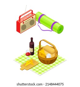 Wicker Basket on Checkered Tablecloth with Wine Bottle and Radio Receiver as Picnic Isometric Vector Illustration Set