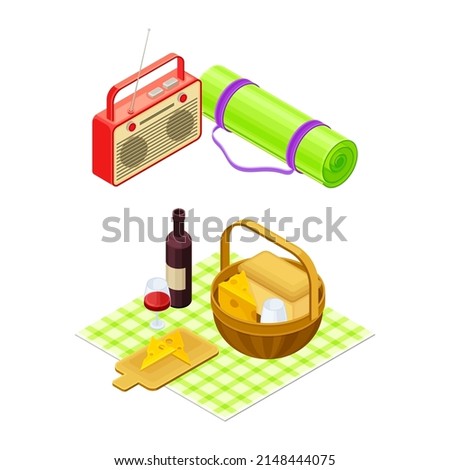 Wicker Basket on Checkered Tablecloth with Wine Bottle and Radio Receiver as Picnic Isometric Vector Illustration Set
