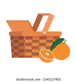 wicker basket and oranges over white background, vector illustration