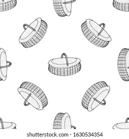 Wicker basket oval with a napkin seamless pattern, hand drawing line. Black and white image.Oval basket for a holiday, picnic, Pets.Home item.Vector