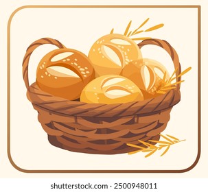 Wicker basket overflowing with freshly baked bread and wheat ears vector icon. Cartoon illustration of a rustic wicker basket overflowing with a variety of freshly baked bread rolls.