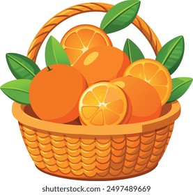 Wicker basket overflowing with juicy ripe oranges and green leaves