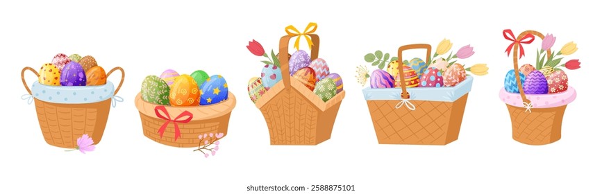 Wicker basket with painted colorful eggs. Cartoon baskets full of easter eggs, spring holiday chocolate eggs flat vector illustration set. Easter surprise eggs baskets on white