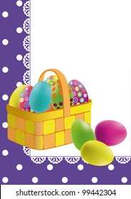 Wicker Basket with painted Easter eggs on a background of white lace napkins and purple tablecloths in a polka dots.