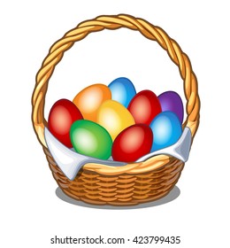 Wicker basket with painted eggs isolated on white background. Vector illustration.