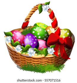 Wicker basket with painted eggs and red ribbon bow isolated on white background. Cartoon vector close-up illustration.