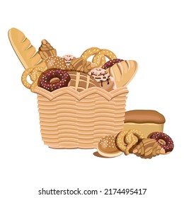 Wicker basket with pastries bread, loaf, croissant, pretzel, donut.buns with sesame and cinnamon on a white background.Vector illustration of bakery products can be used in textiles, bakery menus, res
