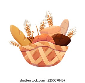 Wicker Basket with Pastries: Loaf, Bread, Baguette, Croissant, Puff pastry. Bakery shop. Vector Illustration in cartoon style.