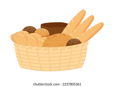 Wicker basket with pastry bread from wheat, whole grain and rye, bakery food, bun. Loaf, bread brick, toast bread, French baguette, challah. Vector illustration