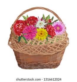 Wicker basket with peony and chrysanthemum flowers. Vector flat illustration isolated on white background.