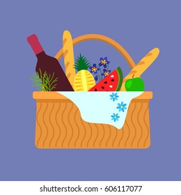 Wicker basket for a picnic with food and flowers. Flat vector illustration isolated on blue background in cartoon style