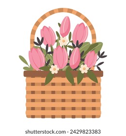 Wicker basket with pink tulips isolated on white background. Cute flat style