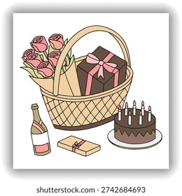 A wicker basket, positioned centrally in the image, filled with various celebratory gifts. The basket is brown and resting on a dark wooden base. Inside the basket, a large chocolate bar, wrapped with a pink ribbon, sits upri
