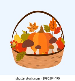 wicker basket with pumpkin, apples, pears, mushrooms, flax leaves, berries. thanksgiving day concept. vector illustration isolated on white background