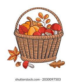 Wicker basket with pumpkin leaves. Vector illustration.