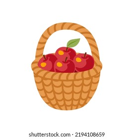 Wicker basket with red apples fruit. Cartoon flat vector illustration.