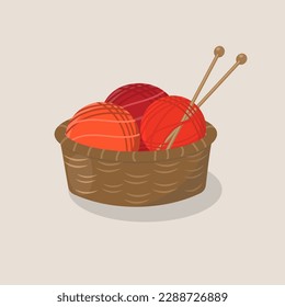Wicker basket with red balls of yarn and knitting needles. Cartoon vector illustration.