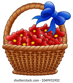 Wicker basket with red flowers and blue bows