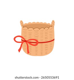 Cesta de mimbre con cinta roja. Ilustración plana de Vector de cesta de paja decorativa con asas
