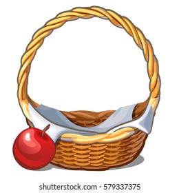 Wicker Basket And A Red Ripe Apple Isolated On A White Background. Vector Cartoon Close-up Illustration.
