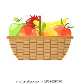 Wicker basket with ripe fruit. Apples, dogs, apricots, pomegranates, bananas