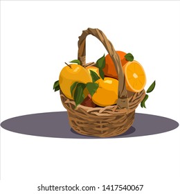 wicker basket with ripe oranges fruit, orange juice