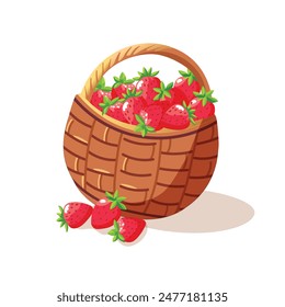 Wicker basket with ripe strawberries. Farming and gardening element in cartoon character. Vector illustration in flat style.