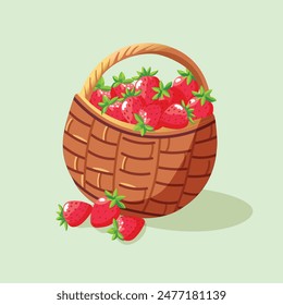 Wicker basket with ripe strawberries. Farming and gardening element in cartoon character. Vector illustration in flat style.