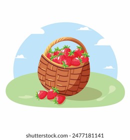 Cesta de mimbre con fresas maduras. Elemento de agricultura y jardinería en el personaje de dibujos animados. Ilustración vectorial en estilo plano.