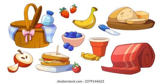 Wicker basket with rolled red blanket and food and drinks for picnic in park. Cartoon ready-to-eat meals and accessories for outdoor lunch - sandwich and bread, fruits and berries, water in bottle.