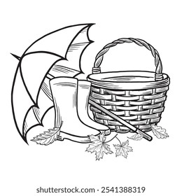 Wicker basket with rubber boots, umbrella and leaves. Cozy autumn composition sketch. Vector line illustration, hand drawn isolated. Black and white doodle fall arrangement. Clipart for card, sticker