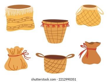 Wicker basket set in boho style. Decor for home, interior, decorations and Christmas. Hand drawn illustration isolated on the white background
