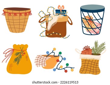 Wicker basket set in boho style. Decor for home, interior, decorations and Christmas. Hand drawn illustration isolated on the white background