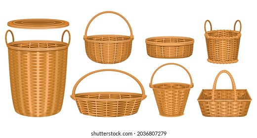 Wicker basket set with isolated images of wooden baskets with wooden baskets on pure blank background vector illustration