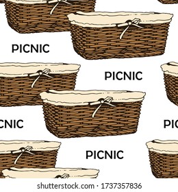 Wicker basket sketch vector seamless pattern, hand drawn square basket isolated on white background
