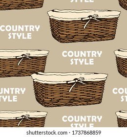 Wicker basket sketch vector seamless pattern, hand drawn square basket isolated on white background