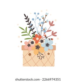 Cesta de mimbre con flores de primavera. Ilustración vectorial de corte para el diseño de primavera. Estilo de época plana.