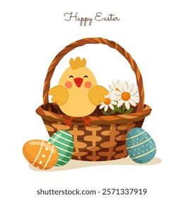 Wicker basket with spring flowers, and on the edge of the basket sits a cute yellow chicken, next to the painted Easter eggs and the text Happy Easter. Vector illustration for postcard, poster 