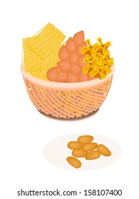 Wicker Basket of Sweet Food and Dessert Food of Thai Style Handmade Golden Sweet Meat in Four Assorted Flavors 