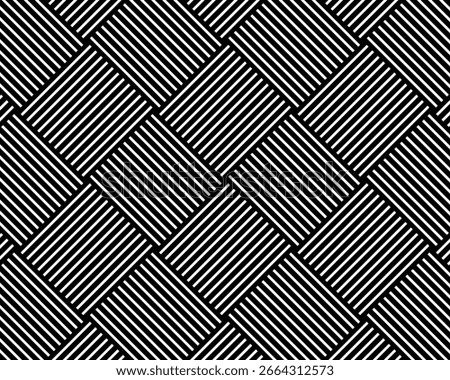 Wicker basket texture in diagonal arrangement. Tile with crossed straight stripes pattern. Black and white lines background. Abstract geometric print. Simple fabric structure. Vector illustration.
