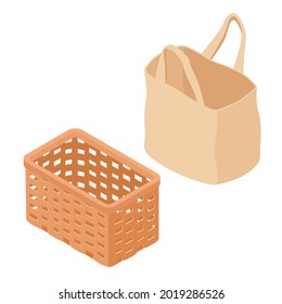 Wicker Basket And Tote Bag Isometric View, Isolated On White Background. Vector