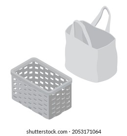 Wicker basket and tote bag isometric view, isolated on white background. Vector