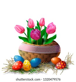 Wicker basket with tulips and Easter eggs on a white background. Element for greeting card or banner for Easter. isolate